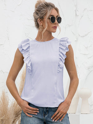 Round Neck Tied Open Back Flutter Sleeve Top-Teresa's Fashionista LLC