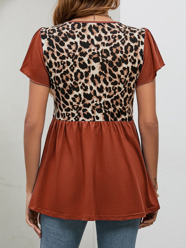 Leopard Round Neck Flutter Sleeve Babydoll Blouse-Teresa's Fashionista LLC