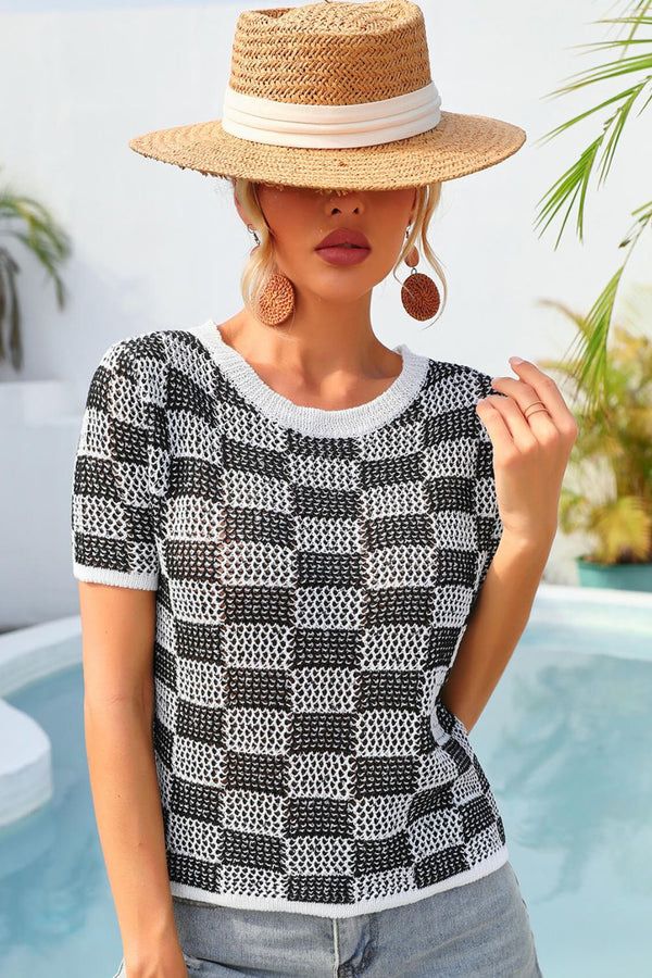 Checkered Short Sleeve Knit Top-Teresa's Fashionista LLC