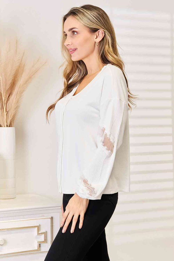 Double Take V-Neck Dropped Shoulder Blouse-Teresa's Fashionista LLC