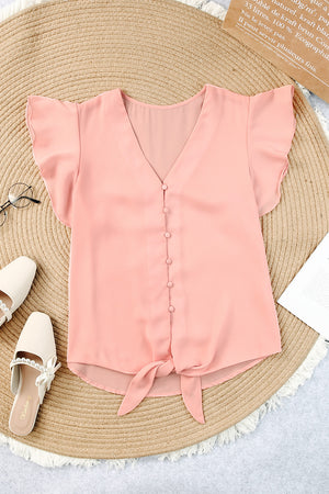 V-Neck Tie Hem Flutter Sleeve Blouse-Teresa's Fashionista LLC