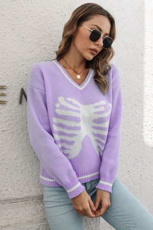 Skeleton Pattern V-Neck Long Sleeve Pullover Sweater-Teresa's Fashionista LLC