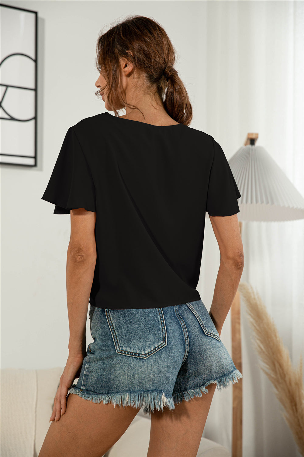 Decorative Button V-Neck Tied Blouse-Teresa&#39;s Fashionista LLC