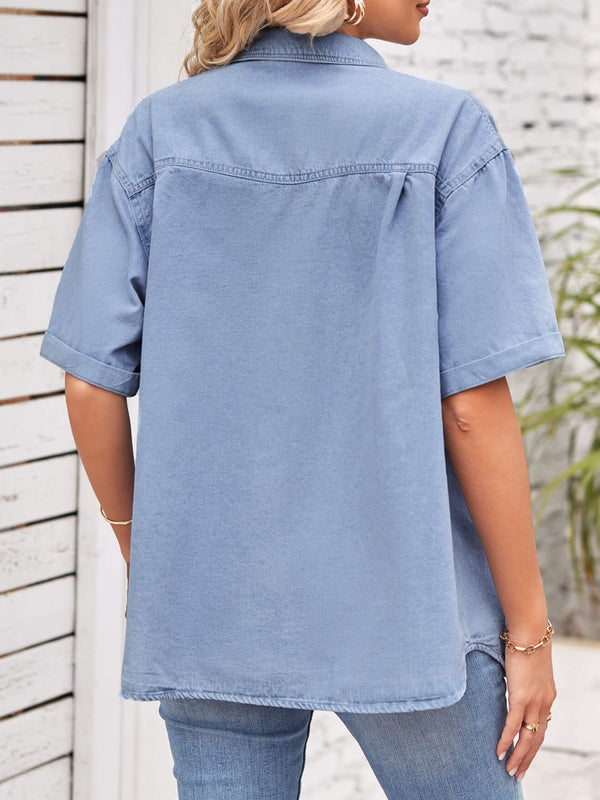 Collared Neck Short Sleeve Denim Jacket-Teresa's Fashionista LLC