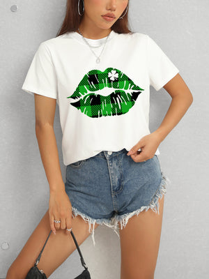 Plaid Lip Graphic Round Neck T-Shirt-Teresa's Fashionista LLC