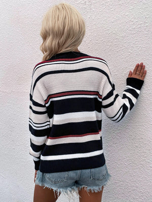 Striped Drop Shoulder Round Neck Pullover Sweater-Teresa's Fashionista LLC