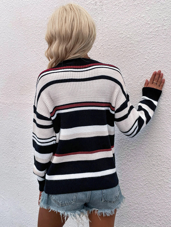 Striped Drop Shoulder Round Neck Pullover Sweater-Teresa's Fashionista LLC