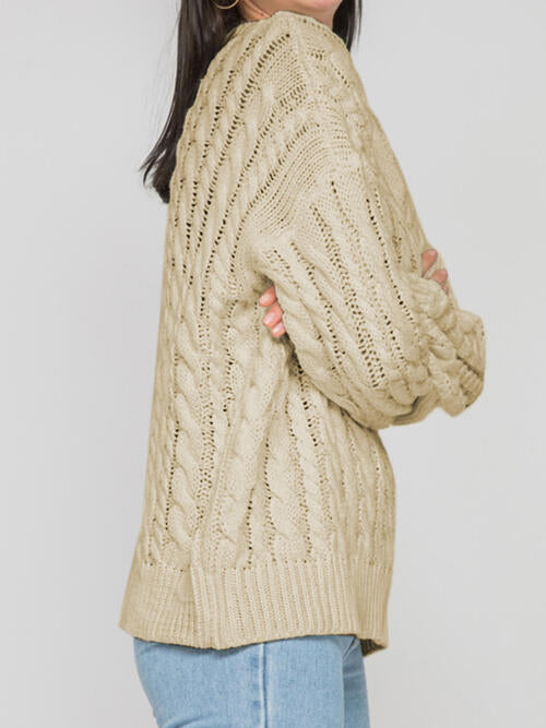 Openwork Round Sleeve Cable-Knit Sweater-Teresa&#39;s Fashionista LLC