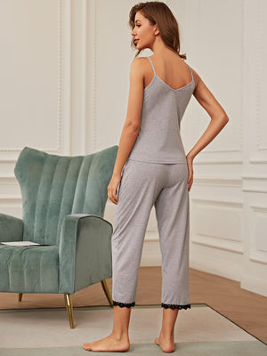 V-Neck Lace Trim Slit Cami and Pants Pajama Set-Teresa's Fashionista LLC
