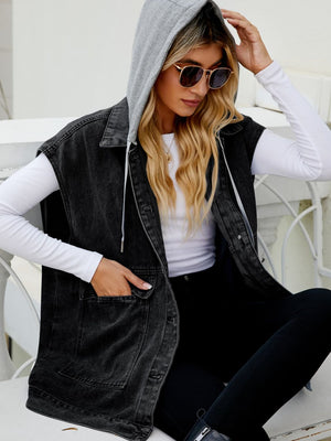 Hooded Sleeveless Denim Top with Pockets-Teresa's Fashionista LLC