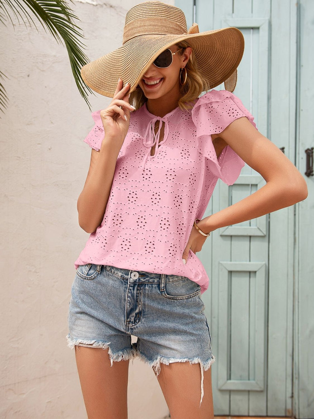 Eyelet Tie Neck Flutter Sleeve Blouse-Teresa's Fashionista LLC