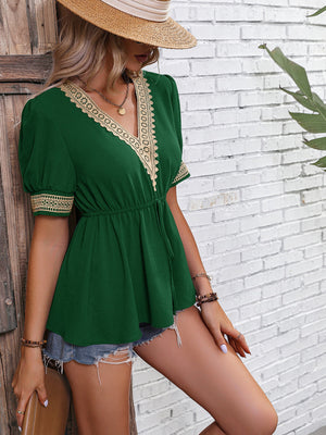 Contrast V-Neck Babydoll Top-Teresa's Fashionista LLC