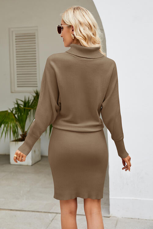 Ribbed Mock Neck Long Sleeve Dress-Teresa's Fashionista LLC