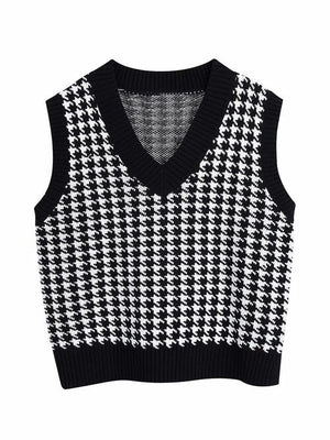 Houndstooth V-Neck Sweater Vet-Teresa's Fashionista LLC
