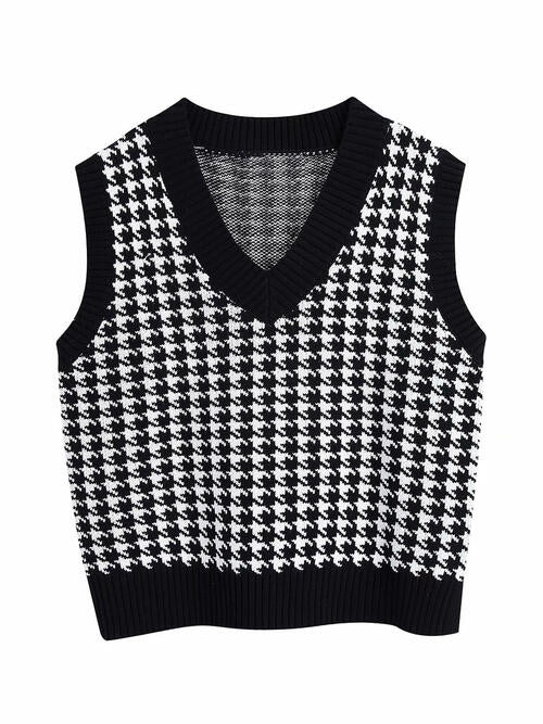 Houndstooth V-Neck Sweater Vet-Teresa&#39;s Fashionista LLC