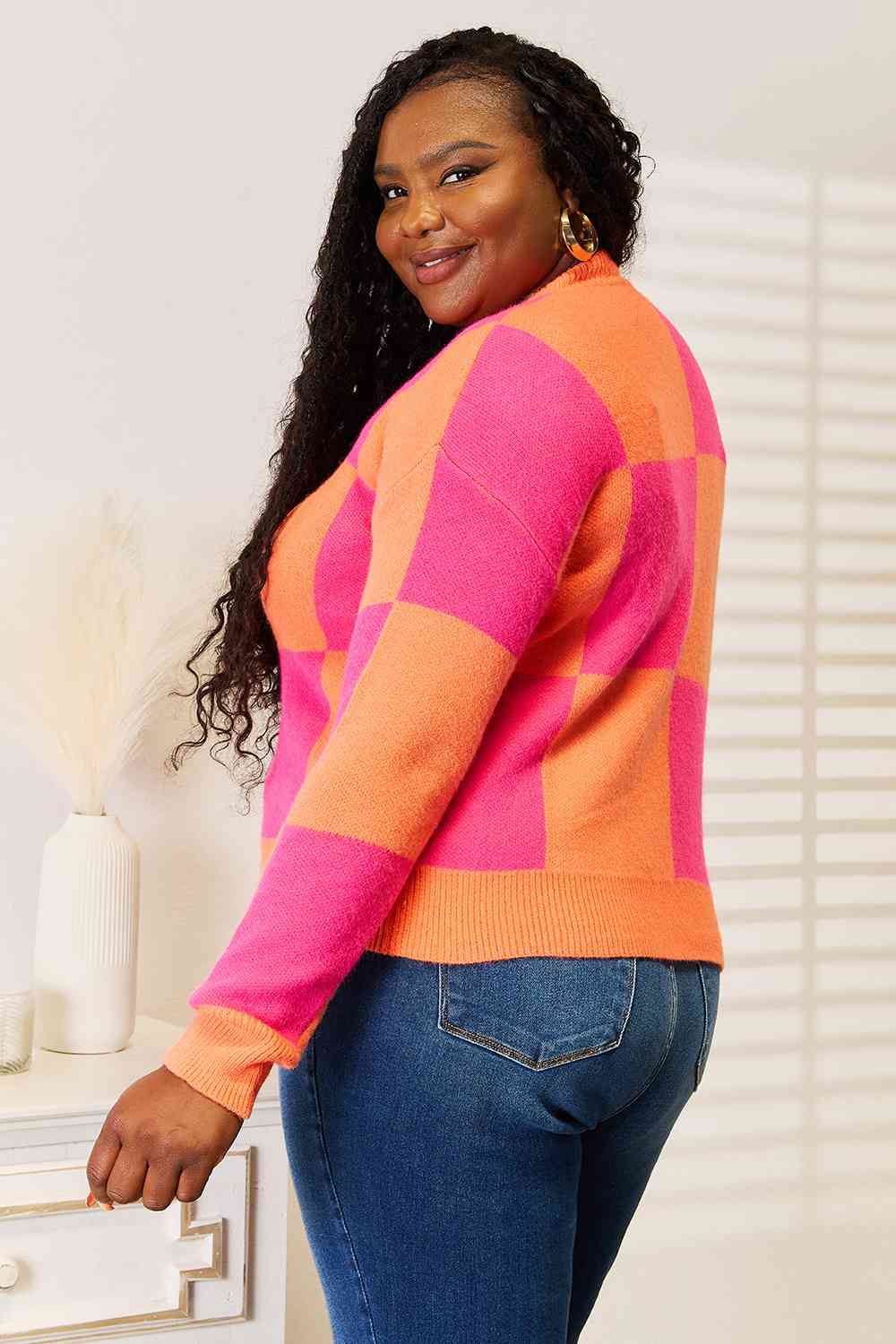 Woven Right Checkered V-Neck Dropped Shoulder Cardigan-Teresa's Fashionista LLC