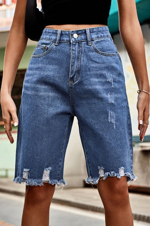 Raw Hem High Waist Denim Shorts with Pockets-Teresa's Fashionista LLC