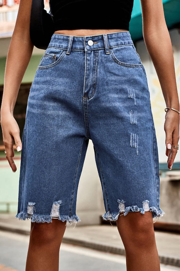 Raw Hem High Waist Denim Shorts with Pockets-Teresa's Fashionista LLC