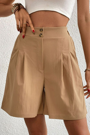 Buttoned Elastic Waist Pleated Detail Shorts-Teresa's Fashionista LLC