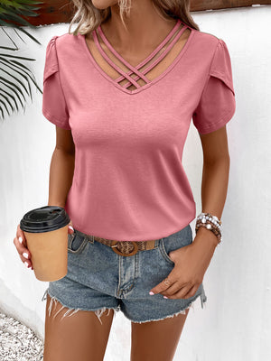 Strappy V-Neck Petal Sleeve Top-Teresa's Fashionista LLC