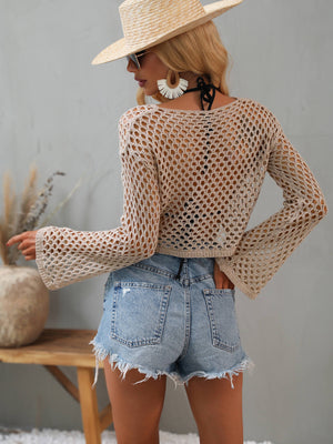 Openwork Flare Sleeve Cropped Cover Up-Teresa's Fashionista LLC