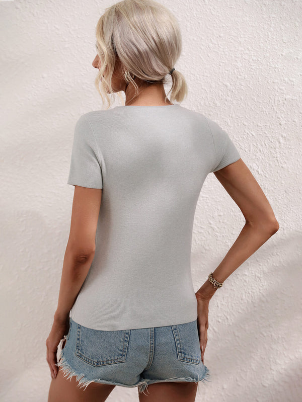 Cutout Round Neck Short Sleeve Knit Top-Teresa's Fashionista LLC