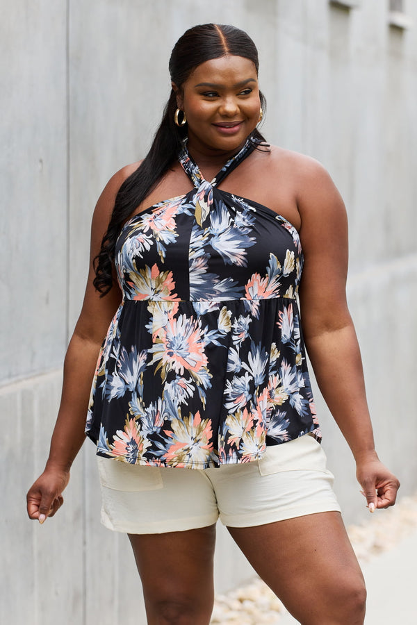Be Stage Full Size Floral Halter Top in Black-Teresa's Fashionista LLC