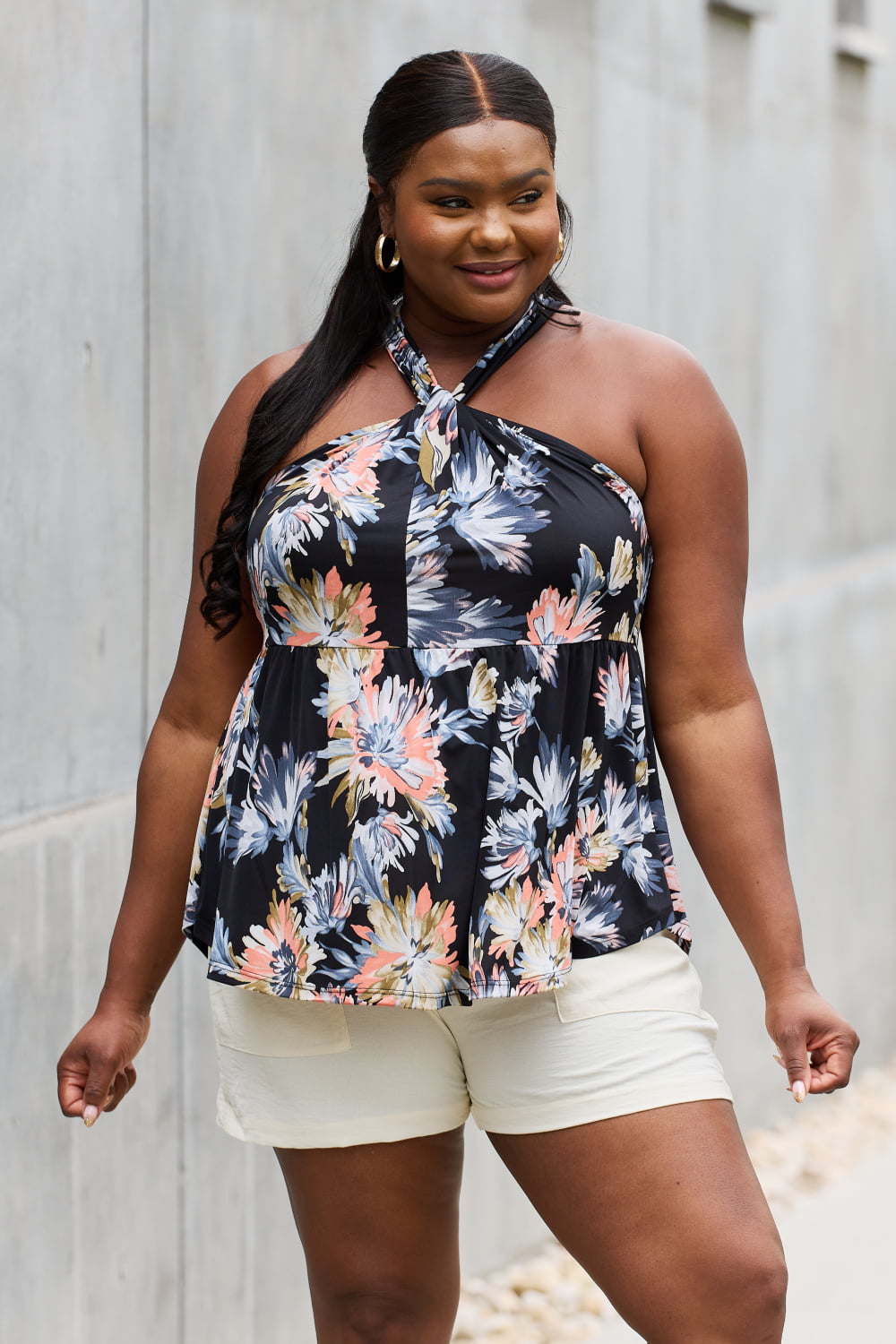 Be Stage Full Size Floral Halter Top in Black-Teresa&#39;s Fashionista LLC