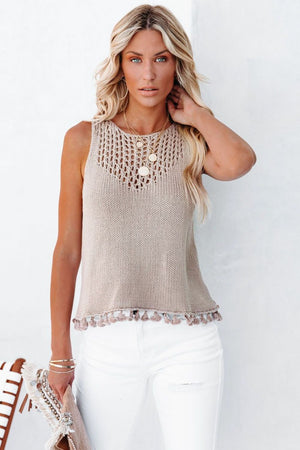 Openwork Tassel Hem Knit Tank-Teresa's Fashionista LLC