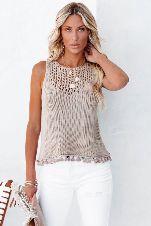 Openwork Tassel Hem Knit Tank-Teresa's Fashionista LLC