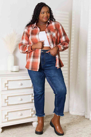 Double Take Plaid Collared Neck Long Sleeve Shirt-Teresa's Fashionista LLC