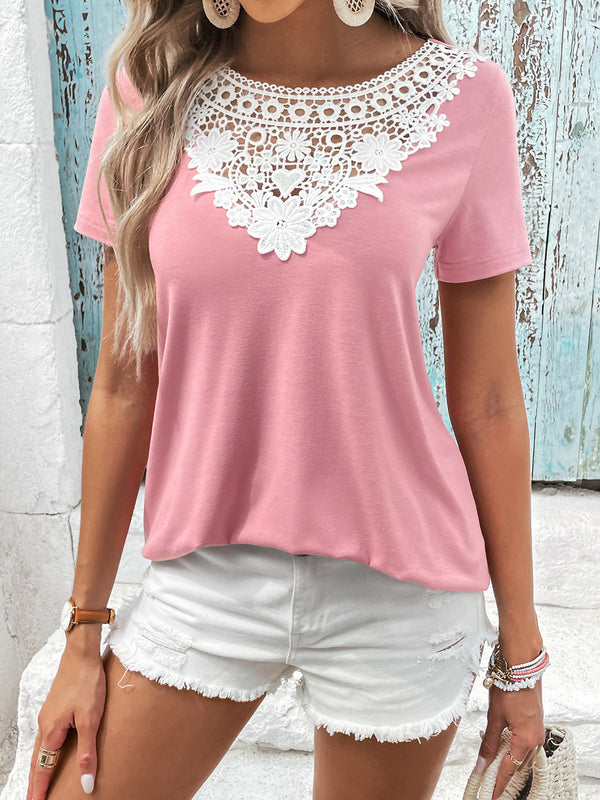 Spliced Lace Contrast Short Sleeve Top-Teresa's Fashionista LLC