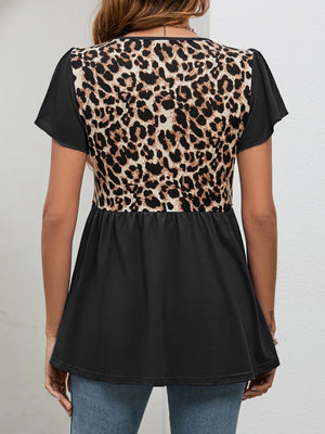 Leopard Round Neck Flutter Sleeve Babydoll Blouse-Teresa's Fashionista LLC