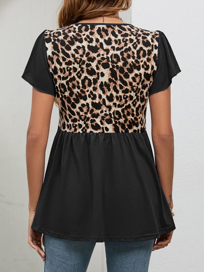 Leopard Round Neck Flutter Sleeve Babydoll Blouse-Teresa&#39;s Fashionista LLC