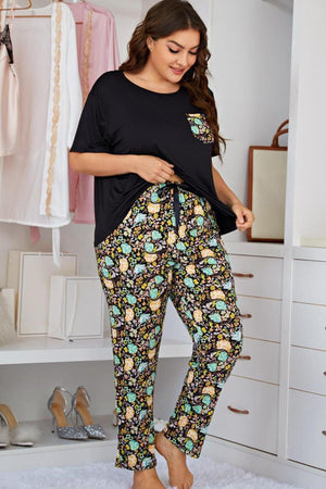 Plus Size Contrast Round Neck Tee and Floral Pants Lounge Set-Teresa's Fashionista LLC