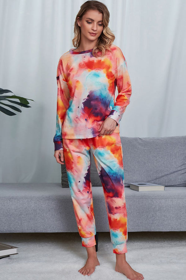 Tie-Dye Crewneck Top and Drawstring Waist Joggers Lounge Set-Teresa's Fashionista LLC