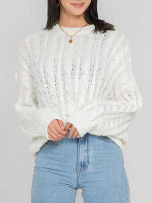 Openwork Round Sleeve Cable-Knit Sweater-Teresa's Fashionista LLC