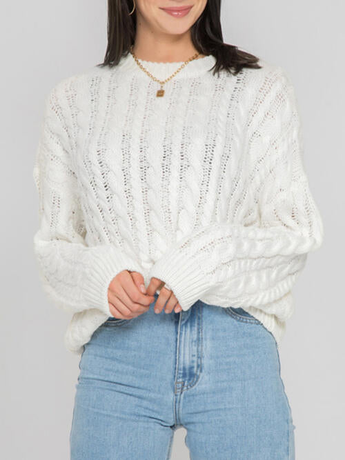 Openwork Round Sleeve Cable-Knit Sweater-Teresa's Fashionista LLC