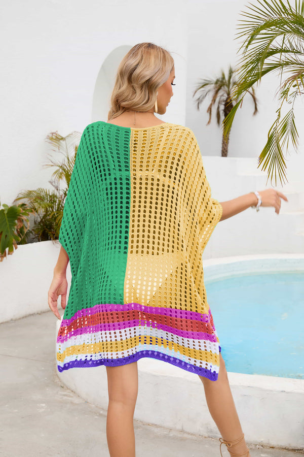 Contrast Scoop Neck Openwork Half Sleeve Cover Up-Teresa's Fashionista LLC