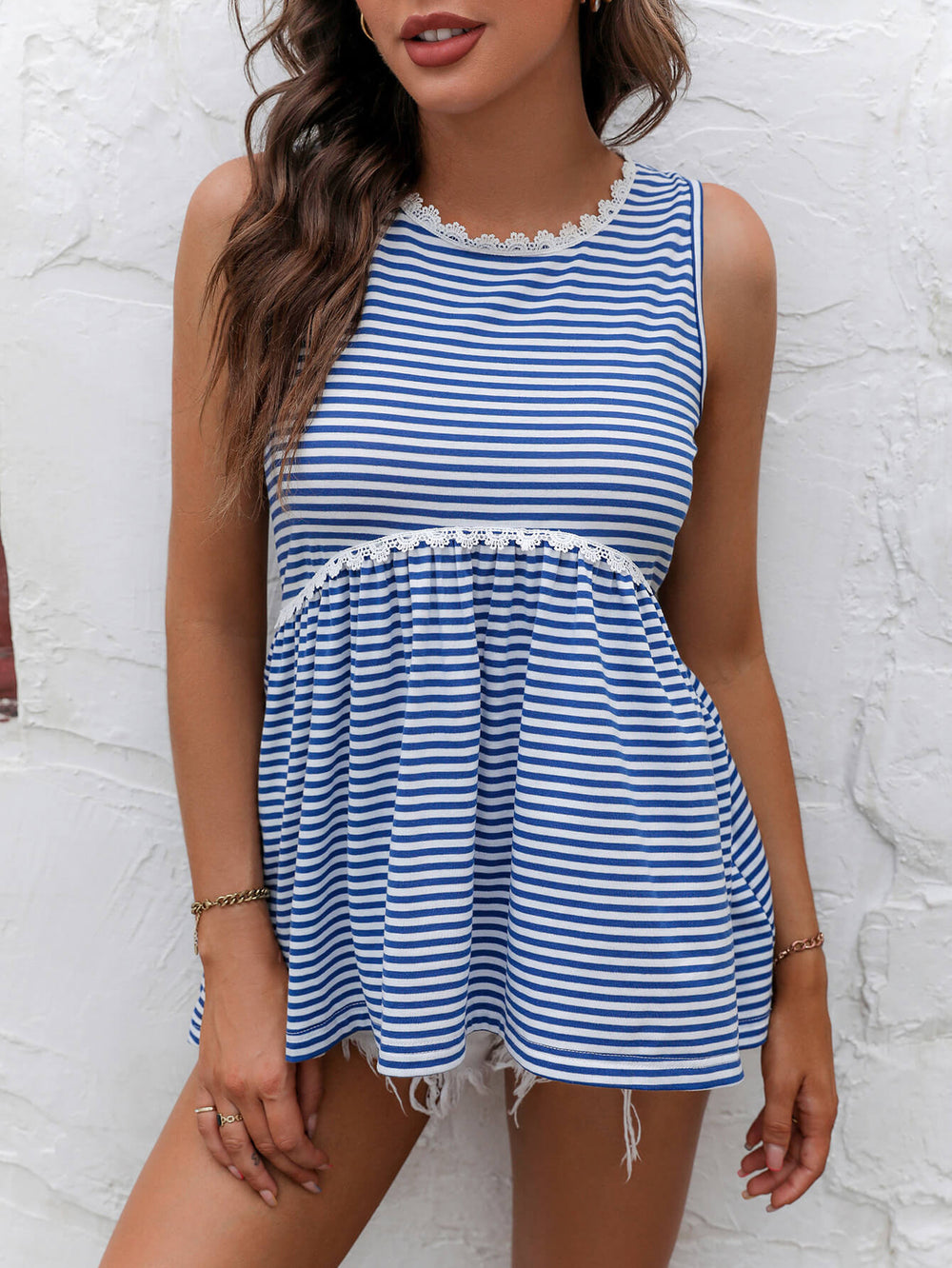 Striped Lace Trim Round Neck Tank-Teresa's Fashionista LLC