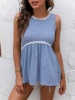 Striped Lace Trim Round Neck Tank-Teresa's Fashionista LLC
