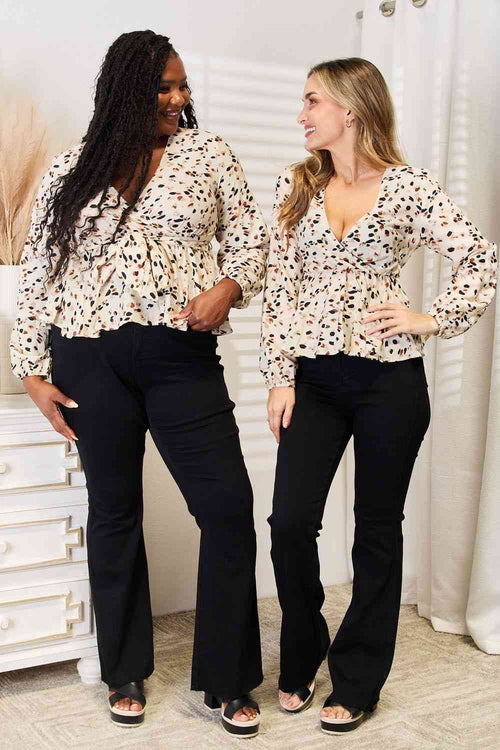 Double Take Printed Tied Plunge Peplum Blouse-Teresa's Fashionista LLC