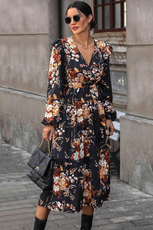 Floral Surplice Tie Front Ruffle Hem Midi Dress-Teresa's Fashionista LLC