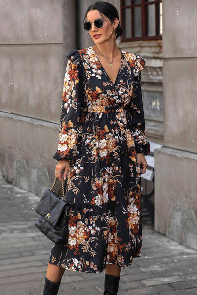 Floral Surplice Tie Front Ruffle Hem Midi Dress-Teresa's Fashionista LLC