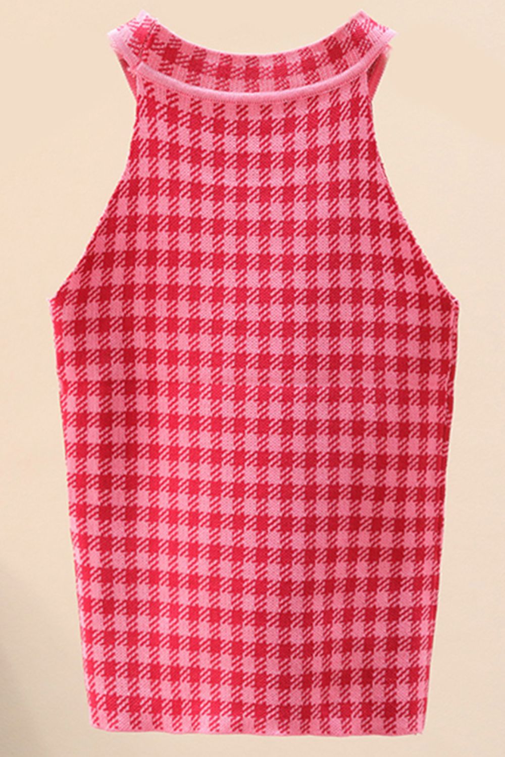 Plaid Round Neck Sleeveless Knit Top-Teresa's Fashionista LLC