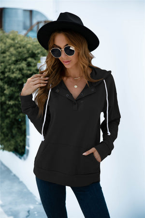 Quarter Snap Drawstring Hoodie with Kangaroo Pocket-Teresa's Fashionista LLC