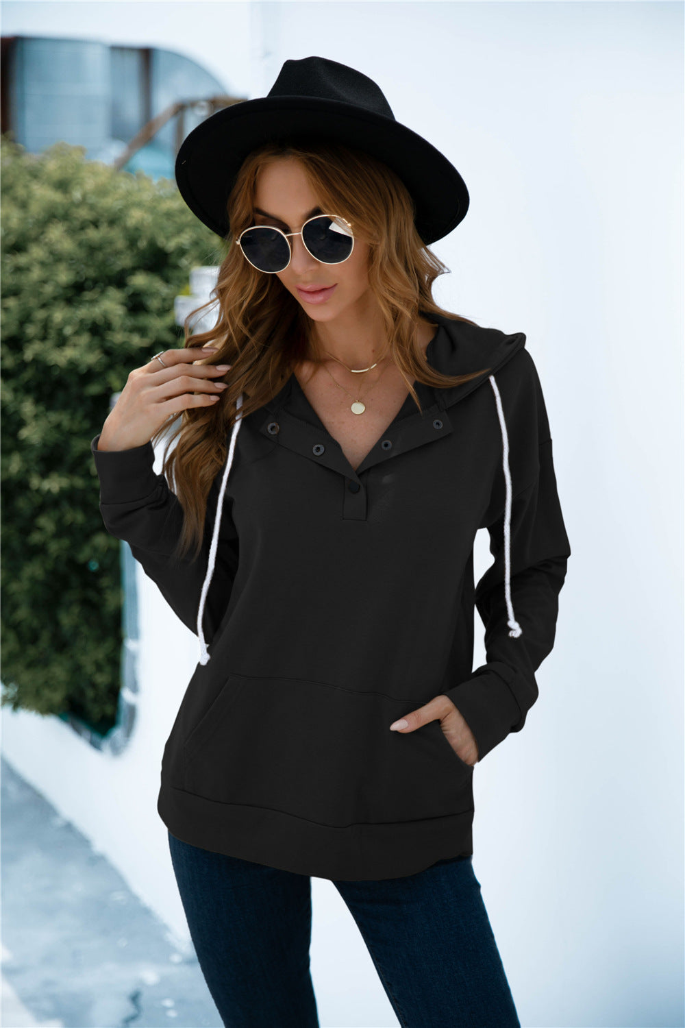 Quarter Snap Drawstring Hoodie with Kangaroo Pocket-Teresa&#39;s Fashionista LLC
