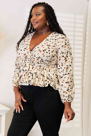 Double Take Printed Tied Plunge Peplum Blouse-Teresa's Fashionista LLC