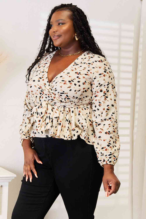 Double Take Printed Tied Plunge Peplum Blouse-Teresa's Fashionista LLC