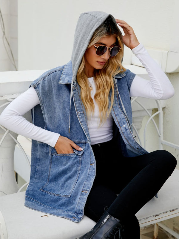 Hooded Sleeveless Denim Top with Pockets-Teresa's Fashionista LLC